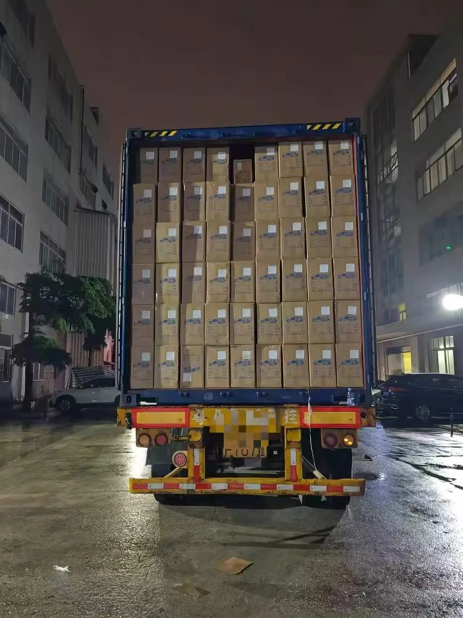 Export container being loaded with packed cartons at night, ready for international freight from Shenzhen