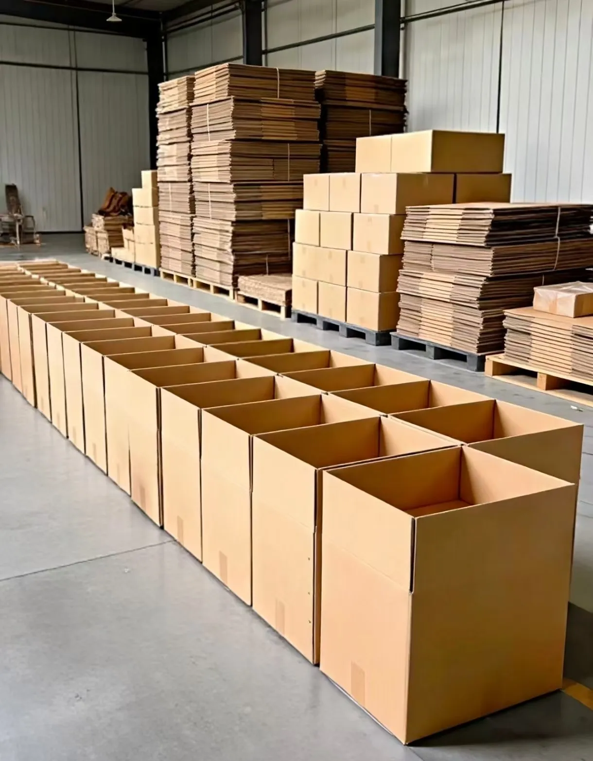 Rows of new corrugated shipping cartons and stacks of flat carton blanks in our factory