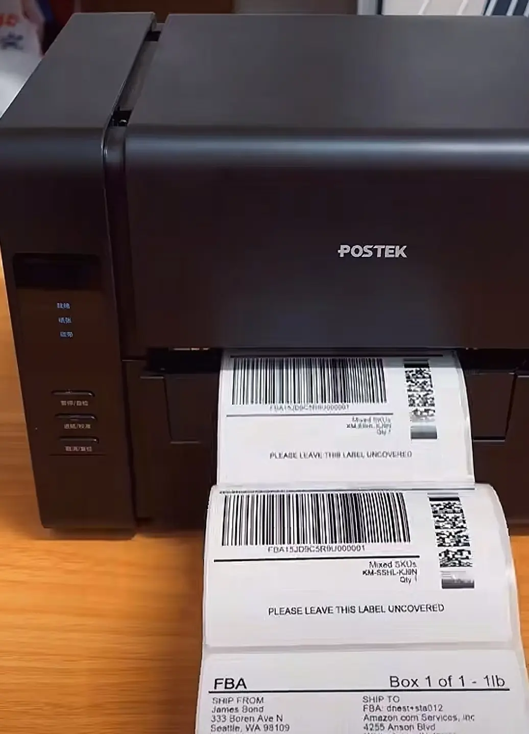 FBA box labels on a POSTEK label printer